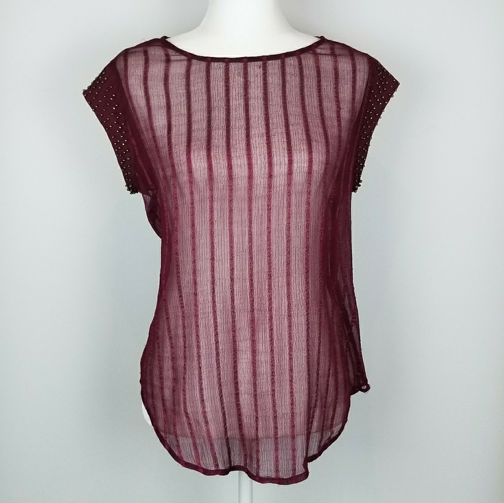 MNK Sheer Burgundy Wine Blouse Gold Metal Bead M